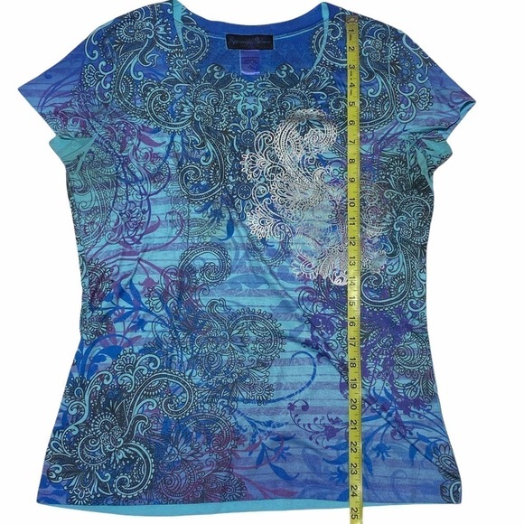 APPROPRIATE Behavior Multi-tone Blue Striped Paisley Print Short Sleeve Blouse - Picture 6 of 10